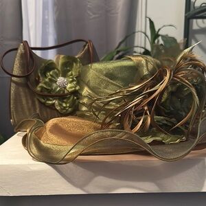 Elegant Green and Gold Women's Hat and Bag Set